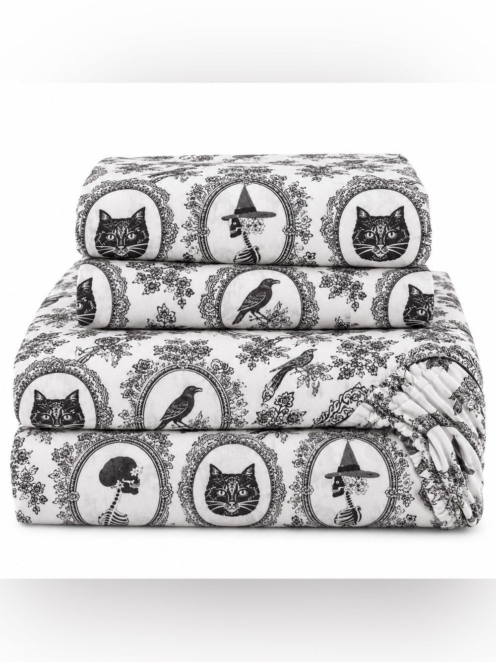Madame Bones 4-Piece Full Sheet Set Gothic Cats Skeletons Black White Halloween